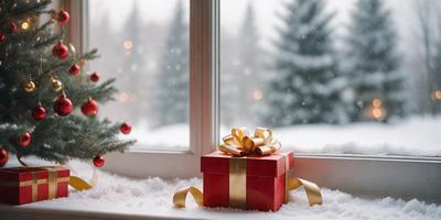 The primary subject of the image is a red bow-tied gift box, which is placed on a window sill. The setting is a snowy environment, with a Christmas tree visible in the background. The visual style is a photo, capturing the details of the gift box and the surrounding snowy landscape. The colors and mood of the image are predominantly white and cold, with the red bow adding a touch of warmth and festivity to the scene.